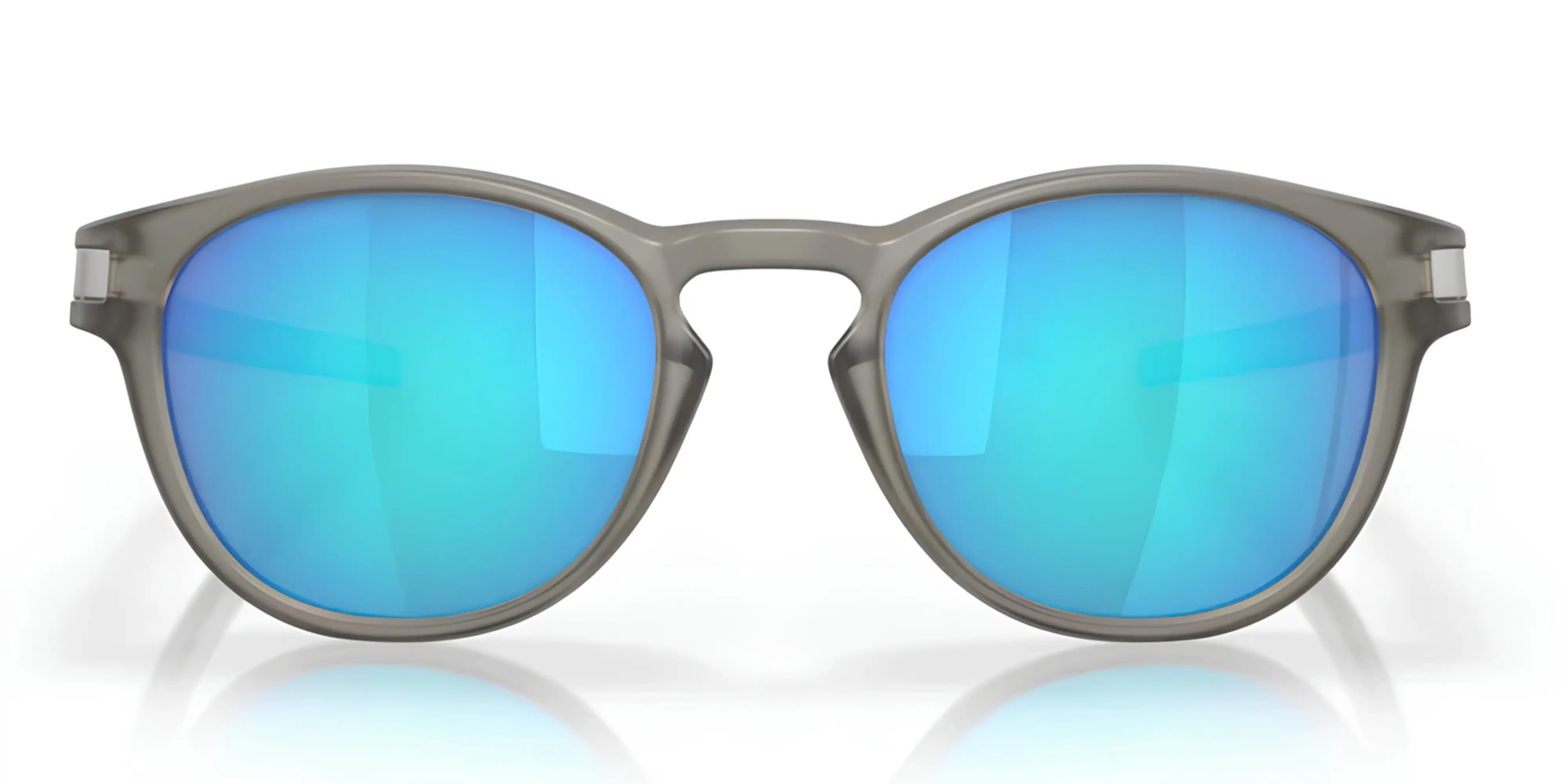 Sunglasses with blue reflective lenses and gray frames on a white background