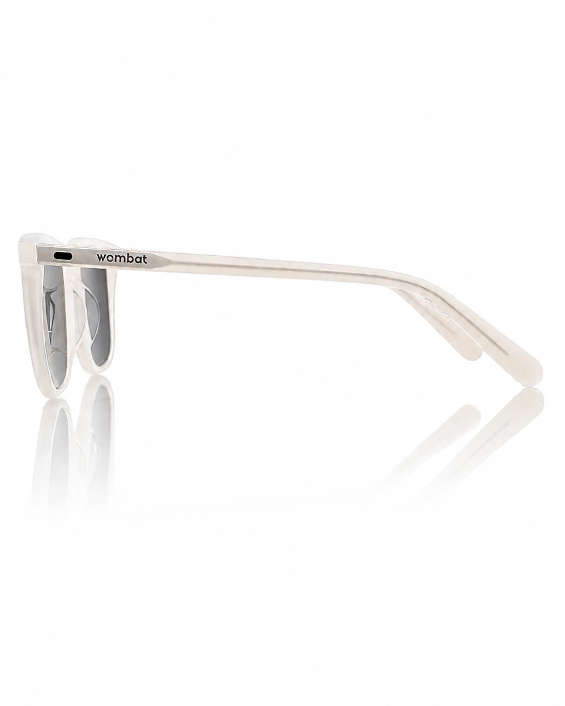Wombat Orca side profile, translucent sea foam Mazzucchelli bio-acetate temple with black Wombat wordmark