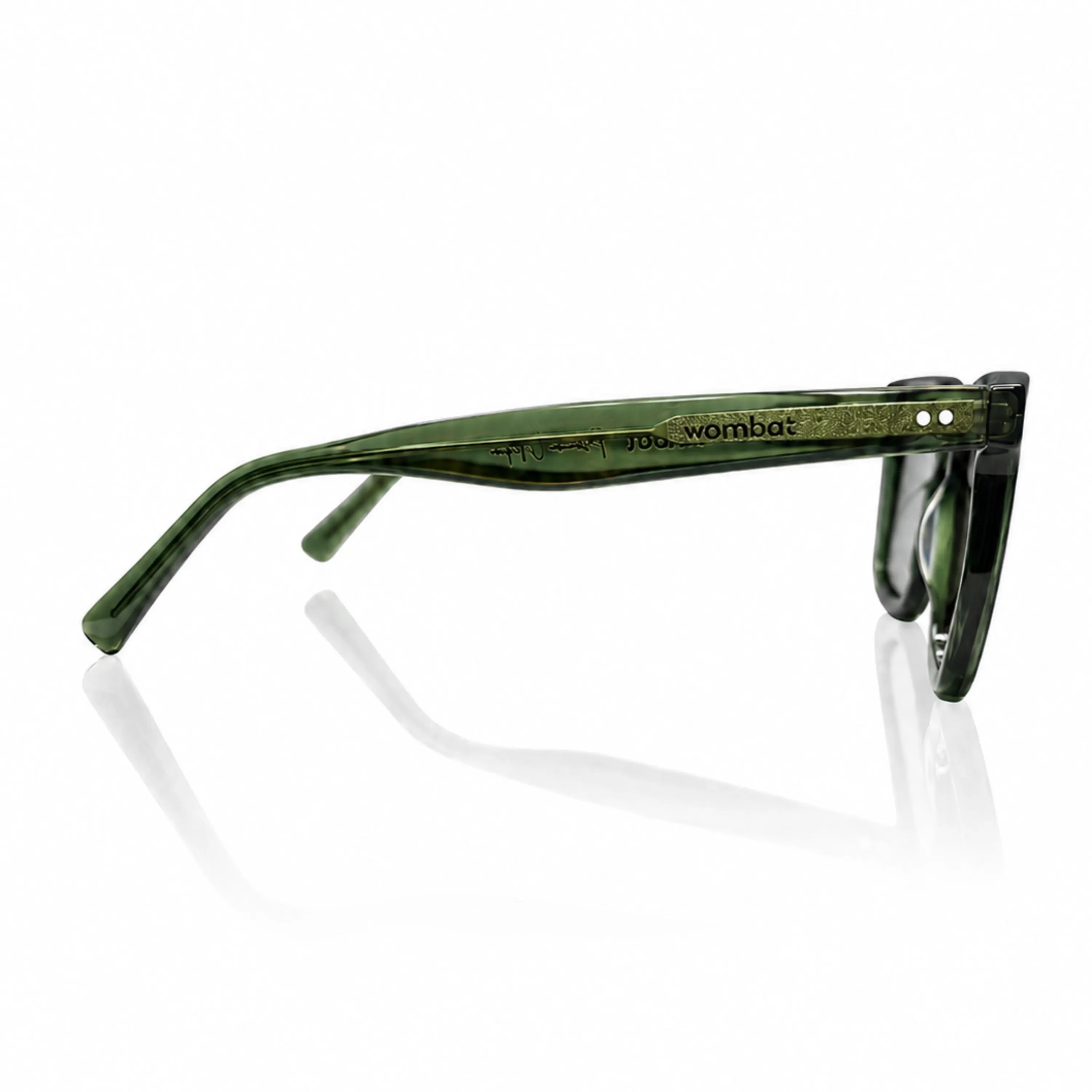 Wombat Oslo temple detail showing gunmetal engraved logo on Italian-sourced bio-acetate arm