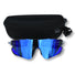 Blue-tinted sunglasses with a black carrying case on a white background
