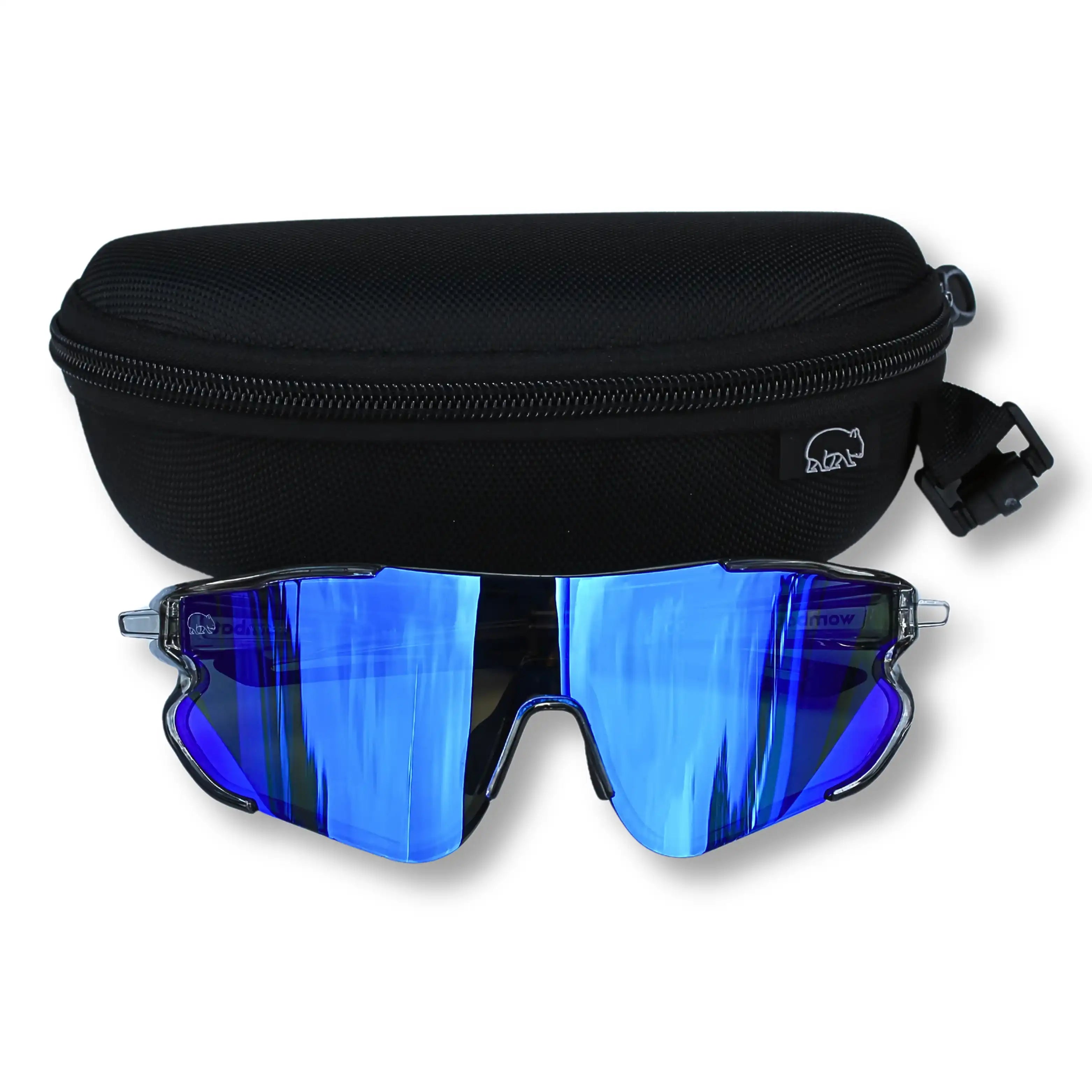 Blue-tinted sunglasses with a black carrying case on a white background