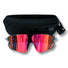 Sunglasses with red reflective lenses and a black carrying case on a white background