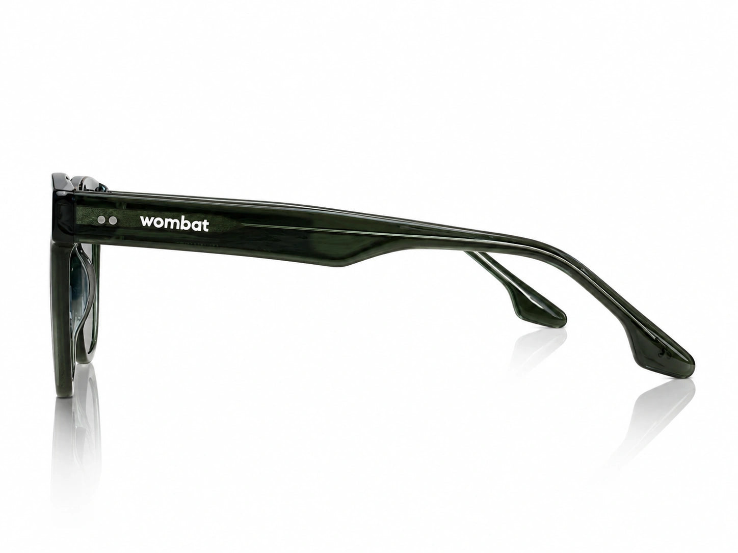 Green sunglasses with 'wombat' branding on a white background