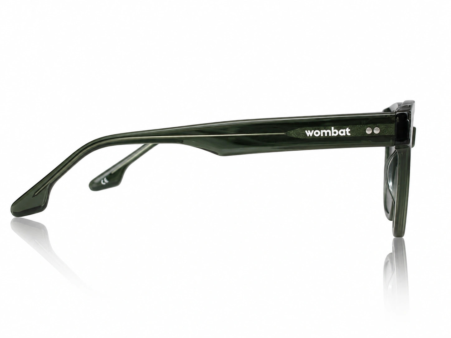 Green sunglasses with 'wombat' branding on a white background