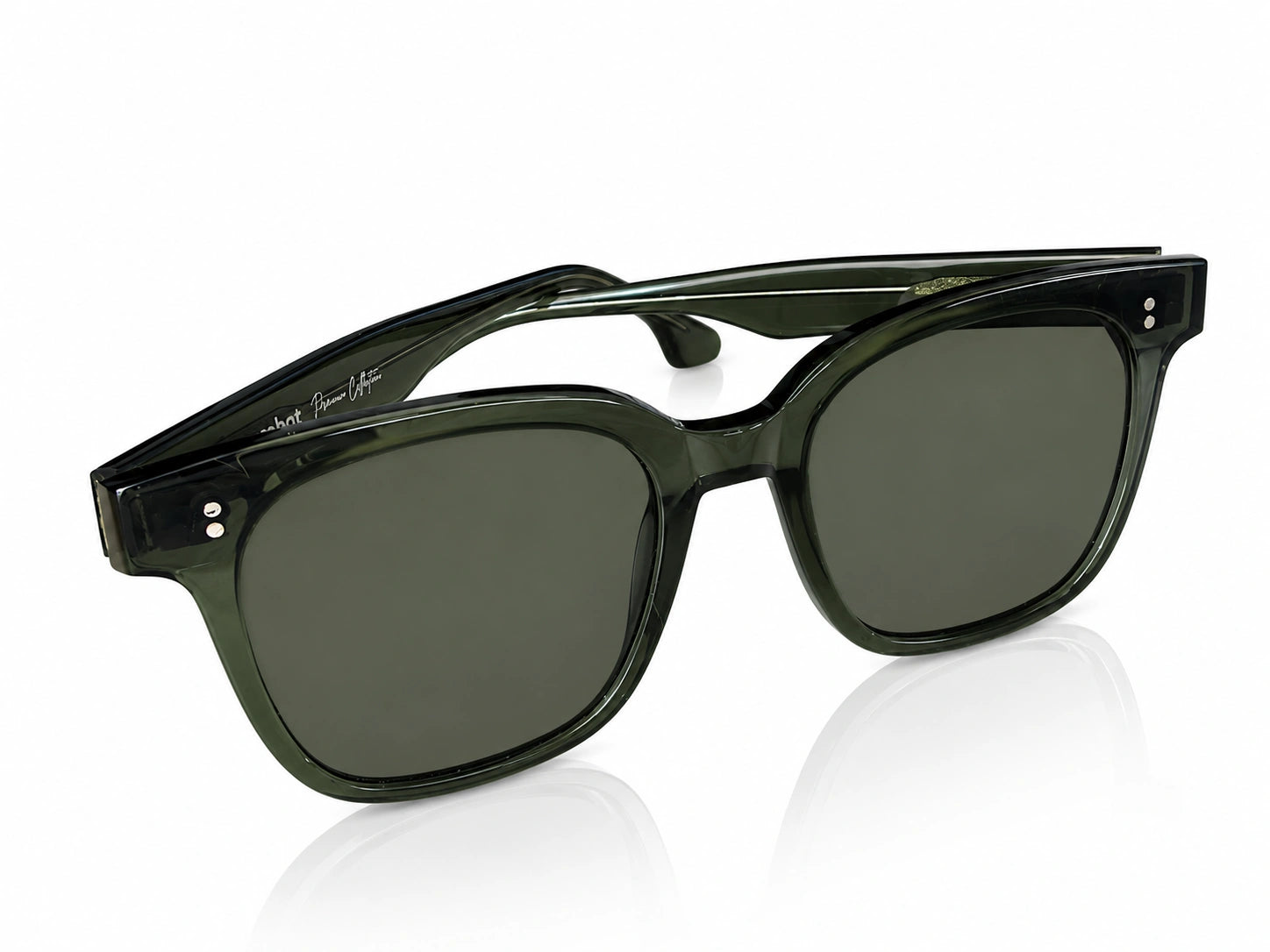 Green sunglasses with black frame on a white background
