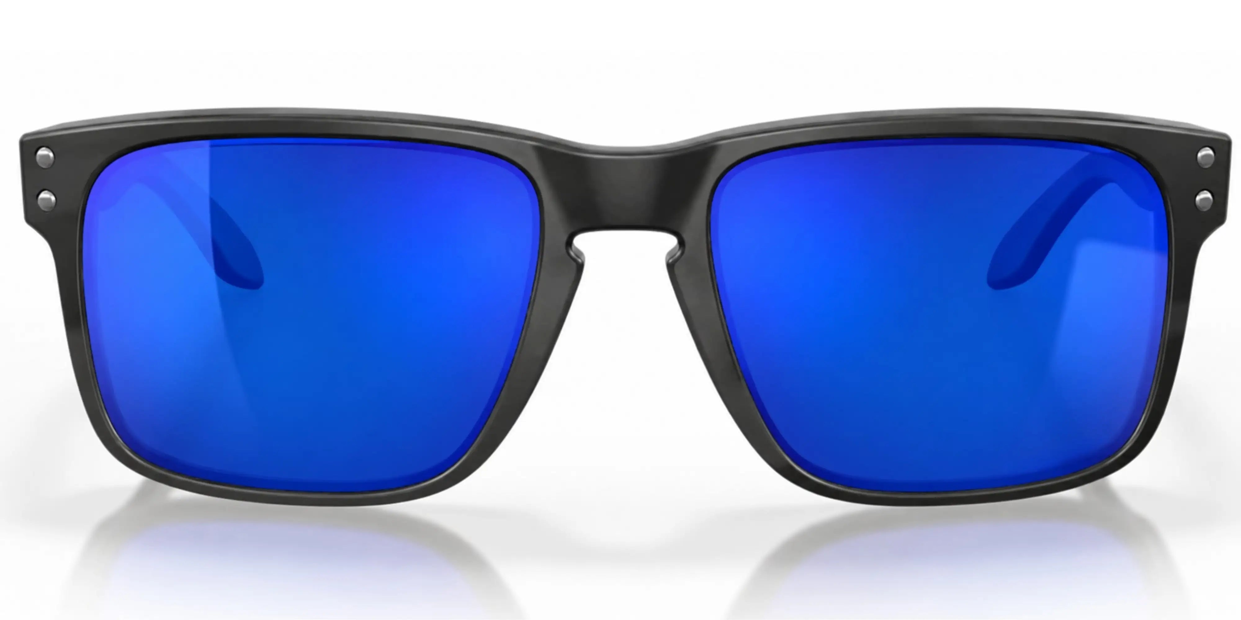 Oakley Sunglasses with black frame and blue lenses on a white background