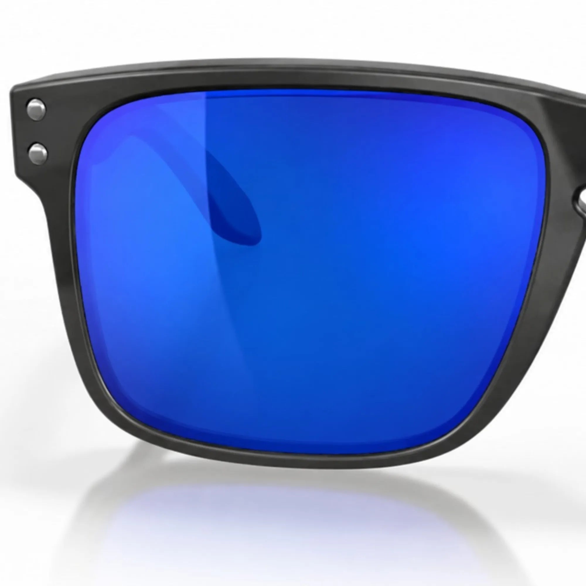 Oakley Sunglasses with blue lenses and black frame on a white background