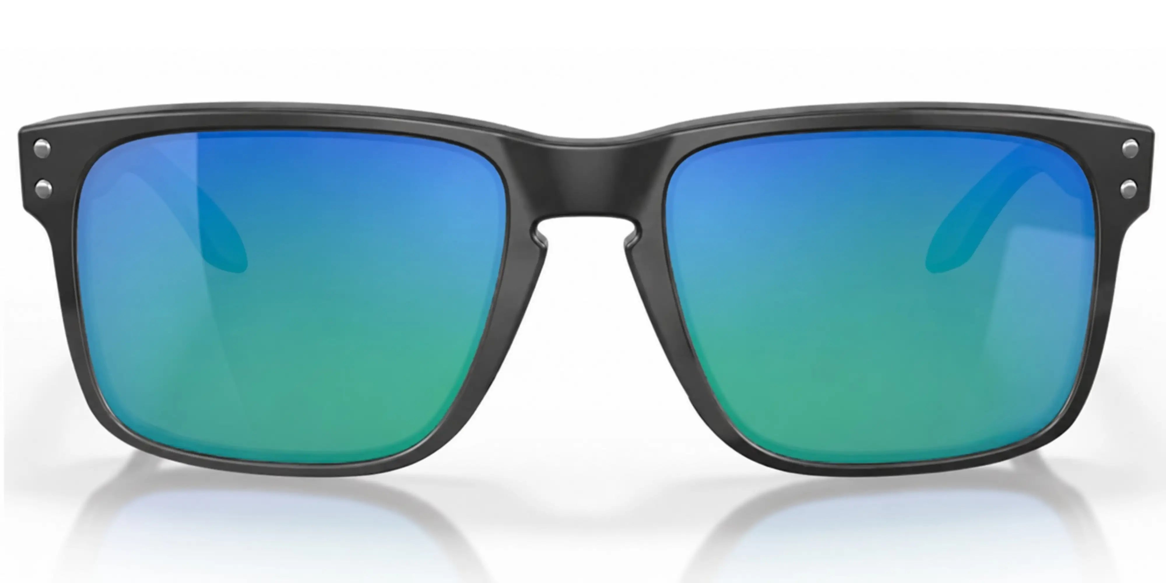 Oakley Sunglasses with black frame and blue-tinted lenses on a white background