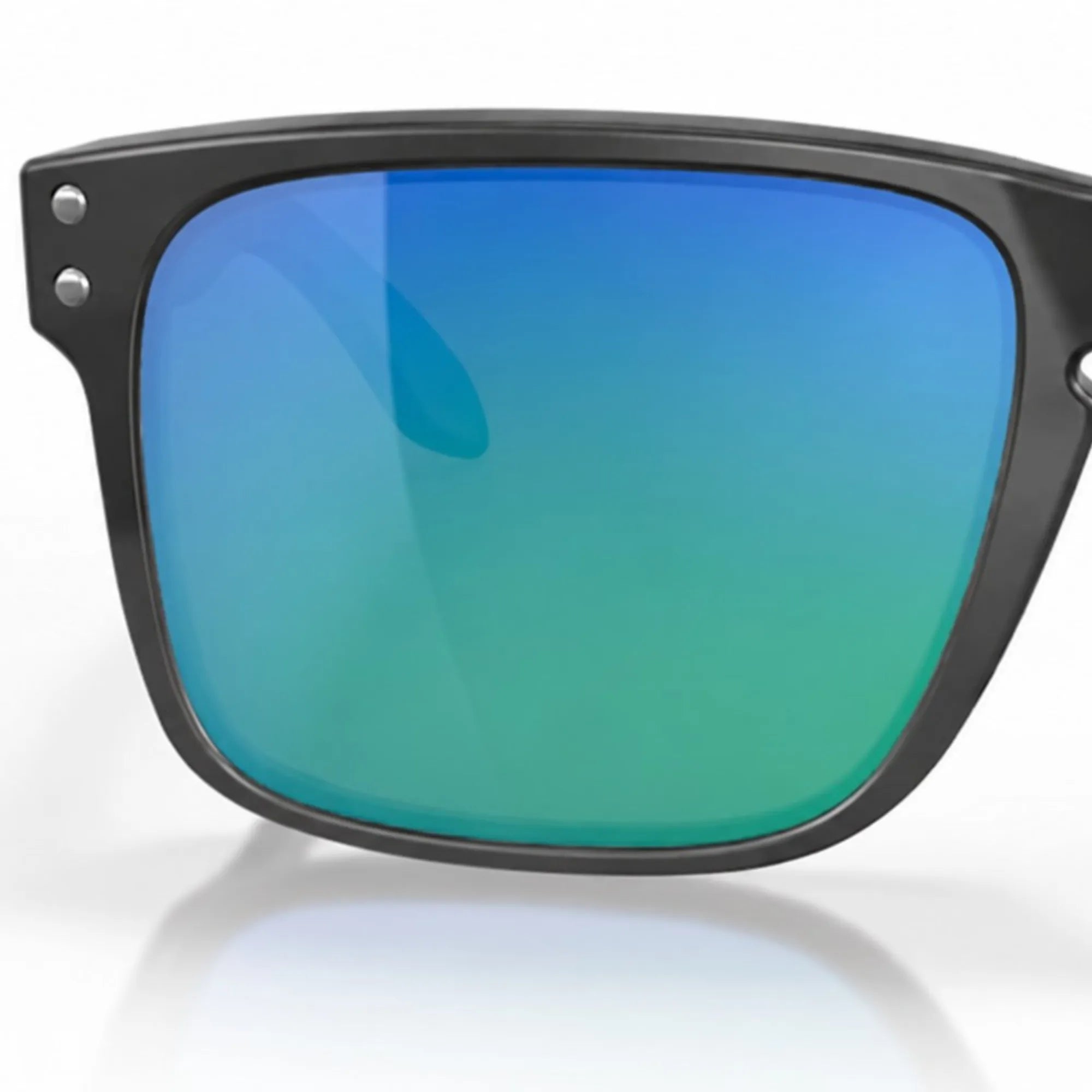 Oakley Sunglasses with black frame and blue-tinted lenses on a white background