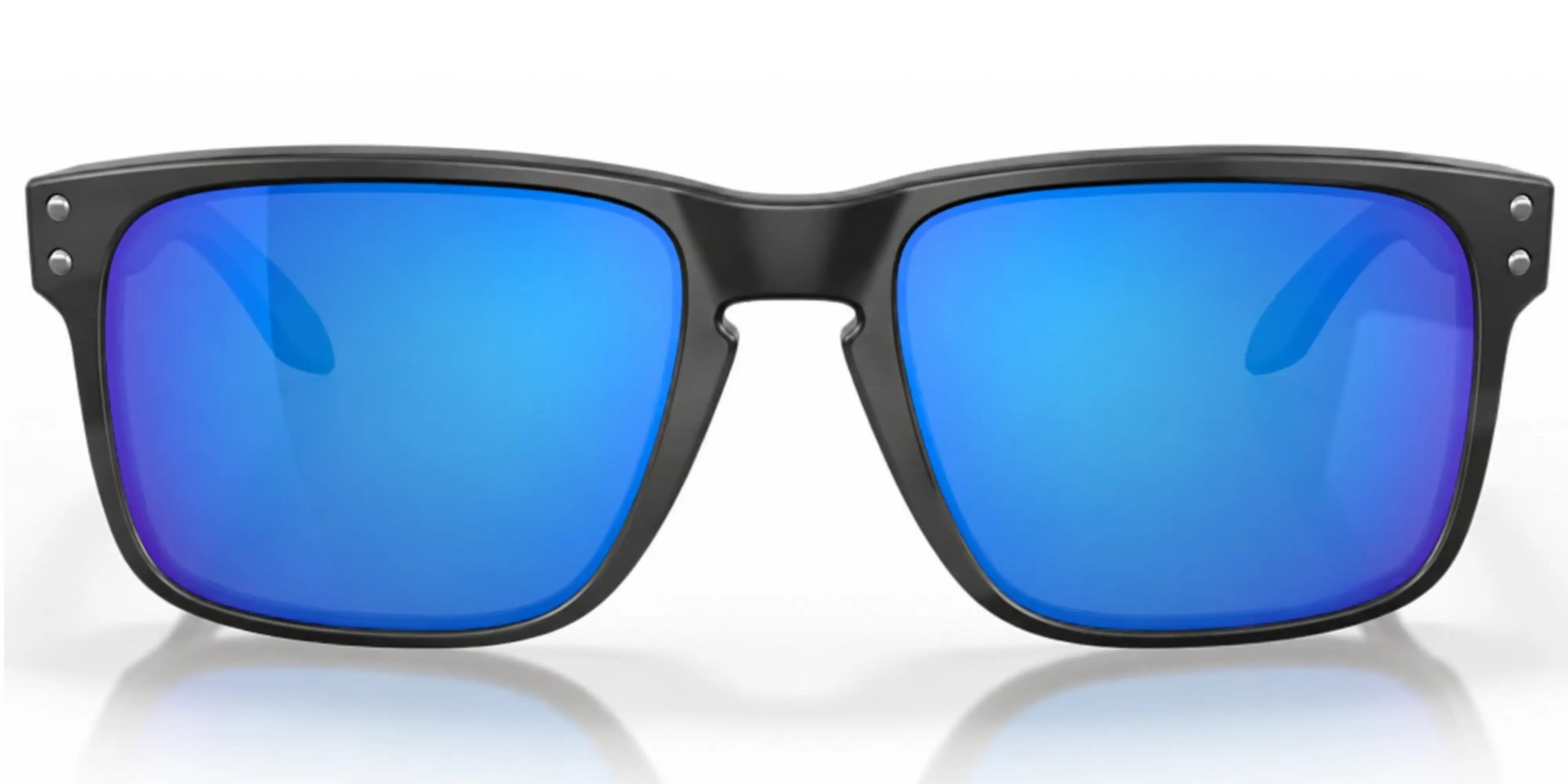 Black-framed Oakley sunglasses with blue lenses on a white background