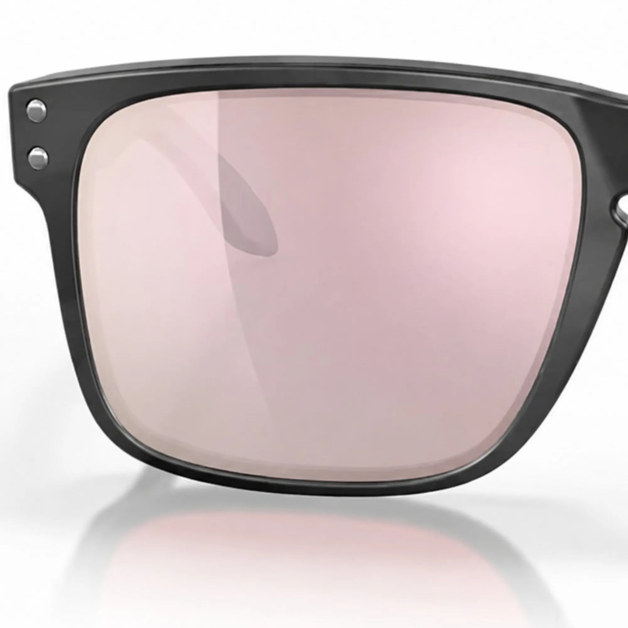Sunglasses with black frame and pink lenses on a white background