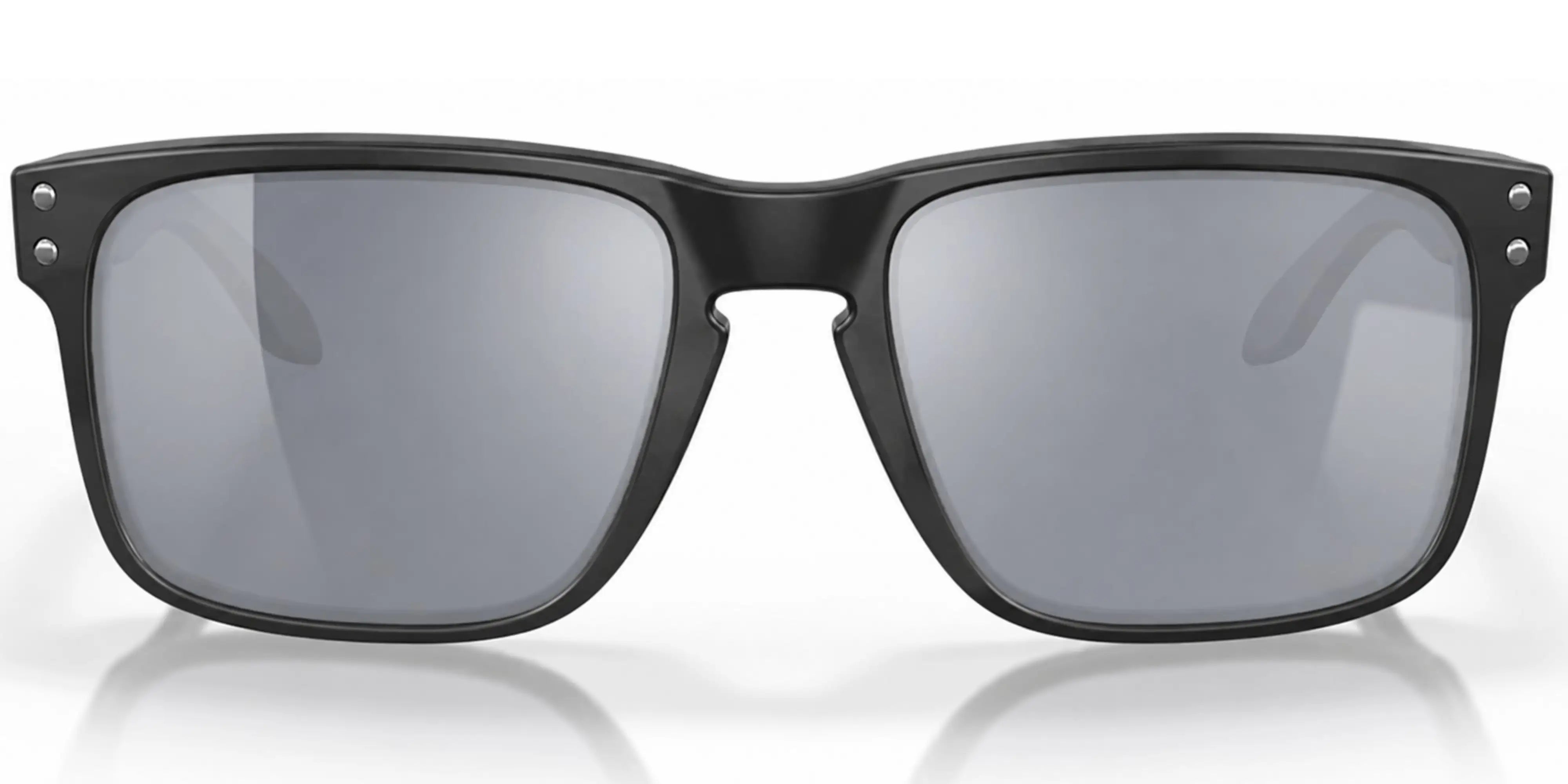 Black oakley sunglasses with reflective lenses on a white background