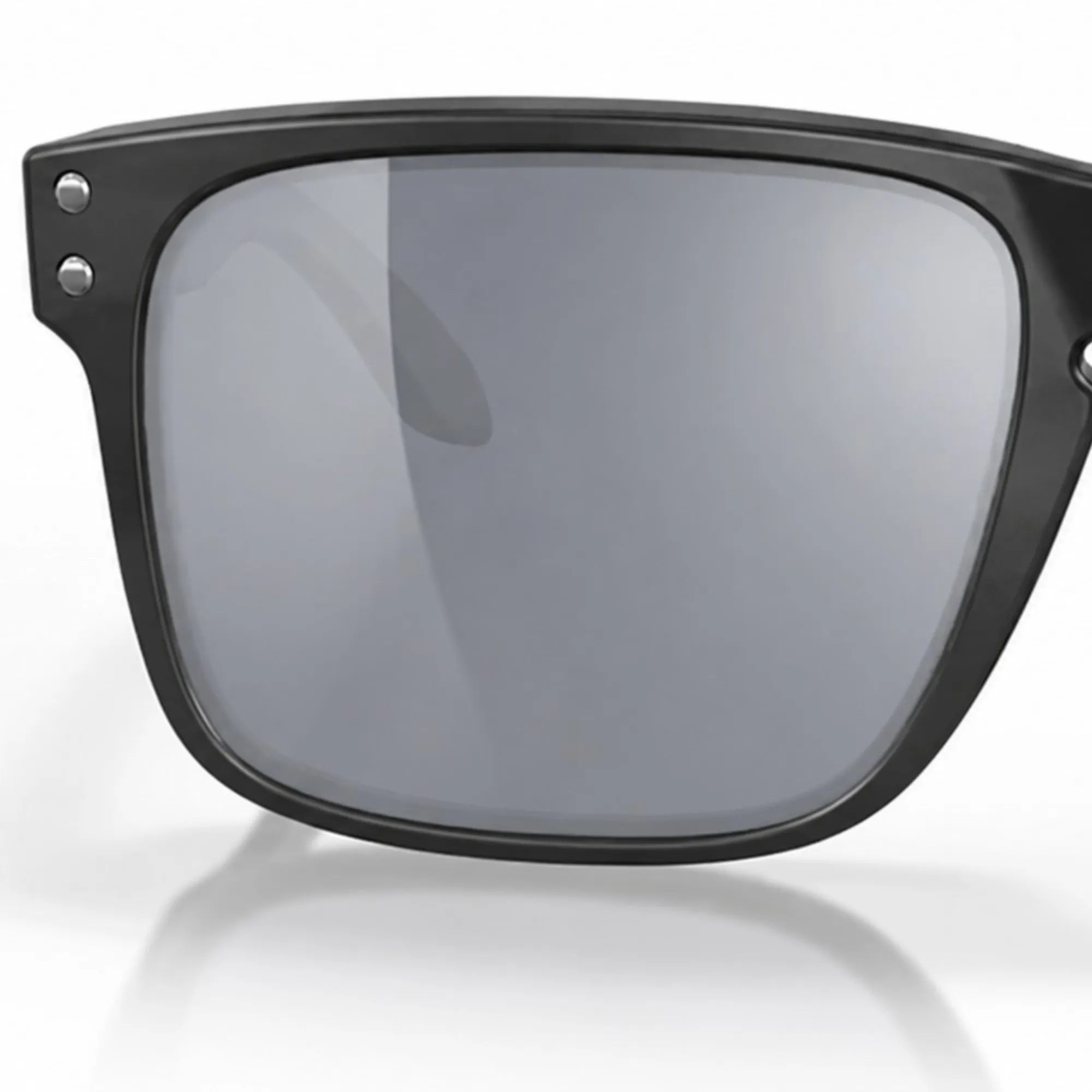 Black Oakley sunglasses with reflective lenses on a white background