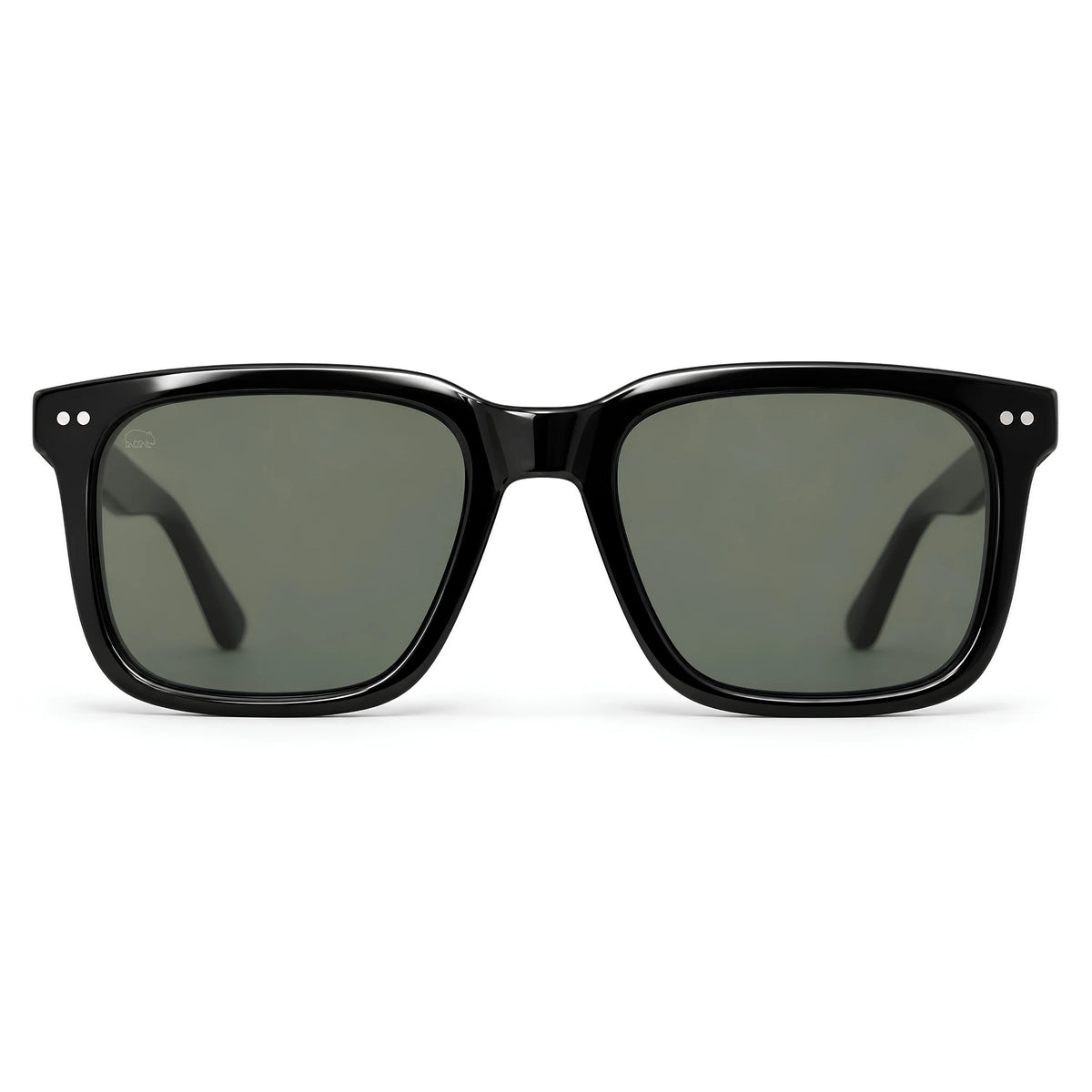 Wombat Gear Oslo sunglasses front view — satin black Mazzucchelli bio-acetate frame with grey-green polarised lenses