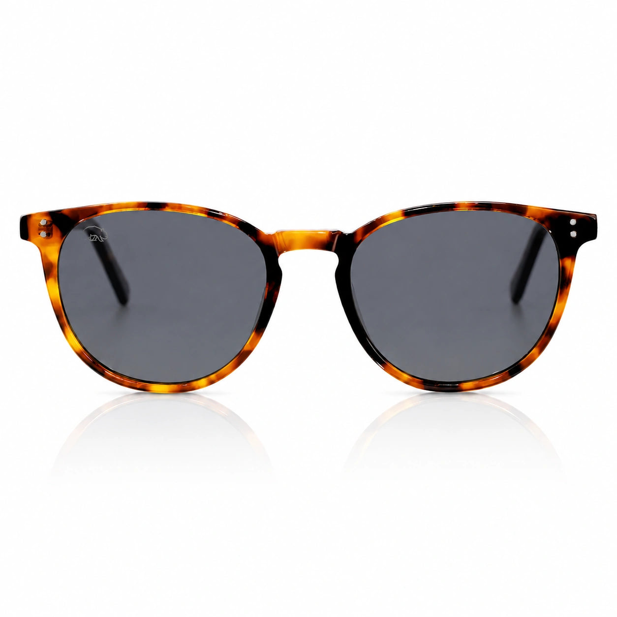 Round sunglasses with a classic tortoiseshell frame and dark gray lenses, shown against a clean white background with a subtle reflection.