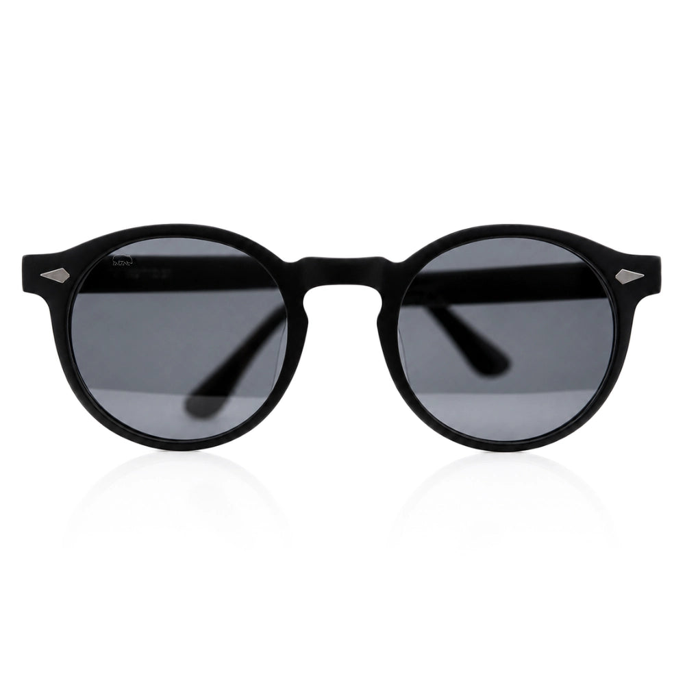 black round sunglasses with grey polarized lenses with a wombat logo