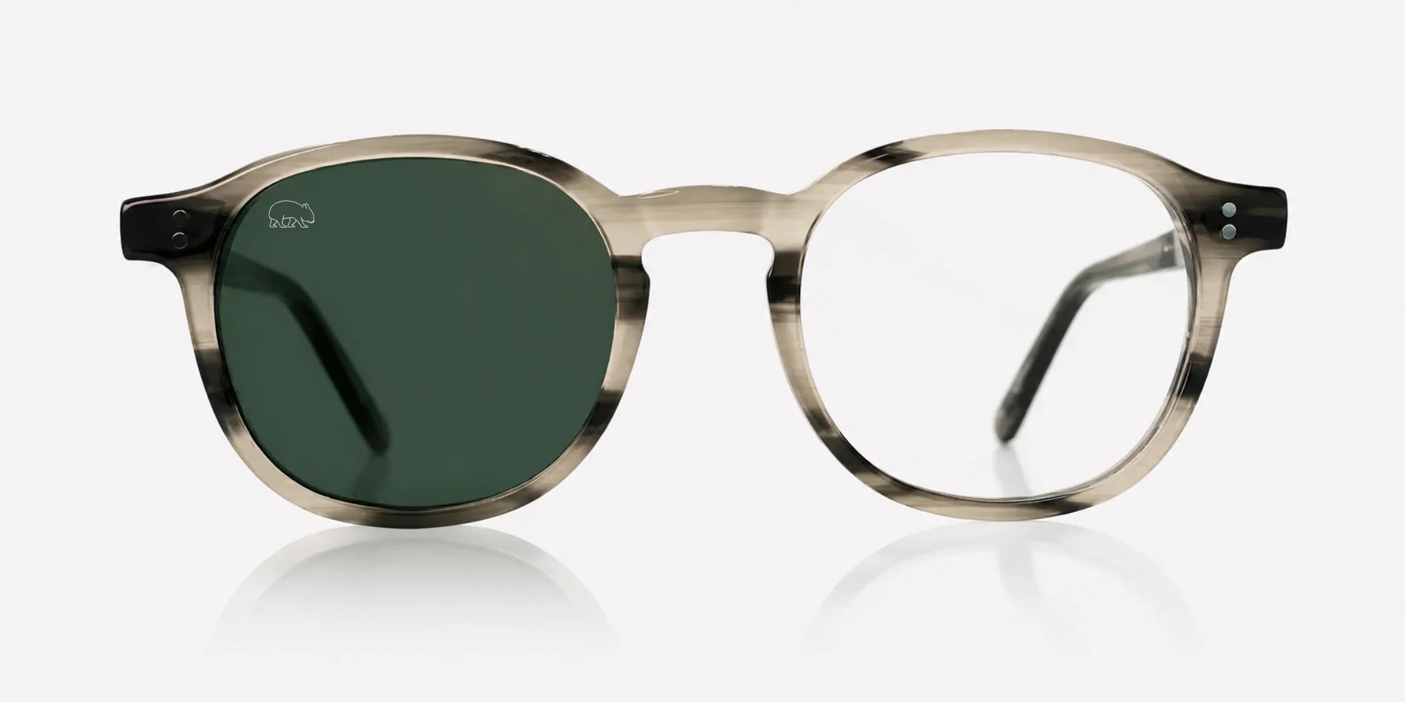 Wombat sunglasses with sun lens and a clear prescription optical lens