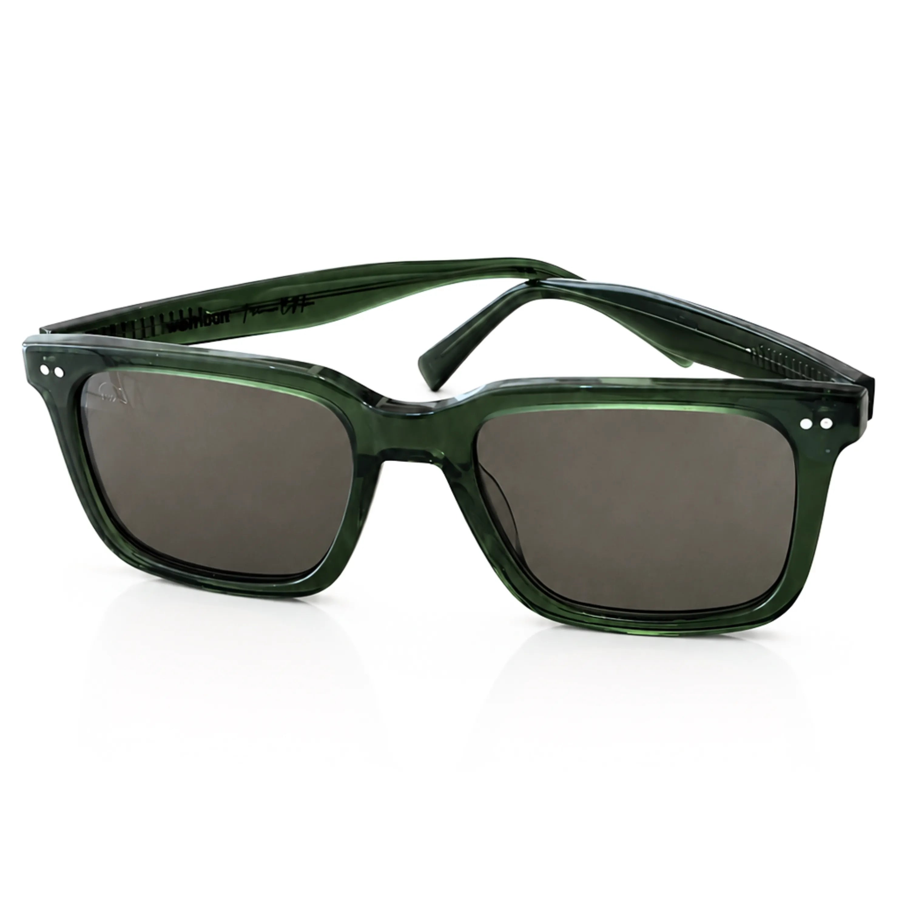 Wombat Oslo lifestyle sunglasses angled view — wide-square bottle green frame with reinforced hinges
