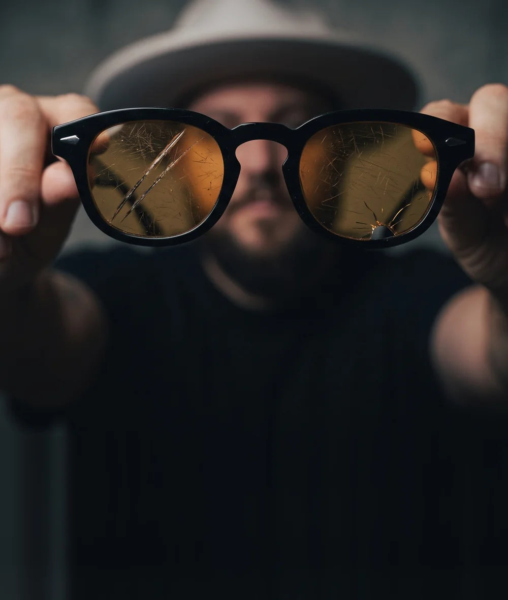 Man holding up sunglasses with badly scratched lenses, ready for custom cut replacement lenses from the Wombat Gear optical lab