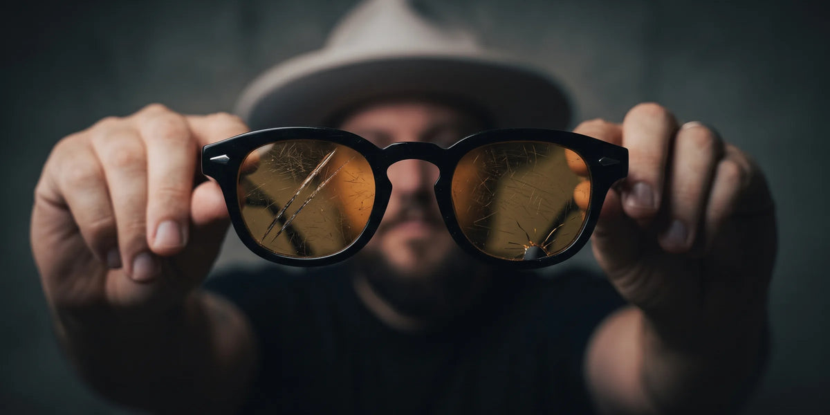 Man holding up sunglasses with deeply scratched lenses, ready for custom cut replacement lenses from the Wombat Gear optical lab in South Africa
