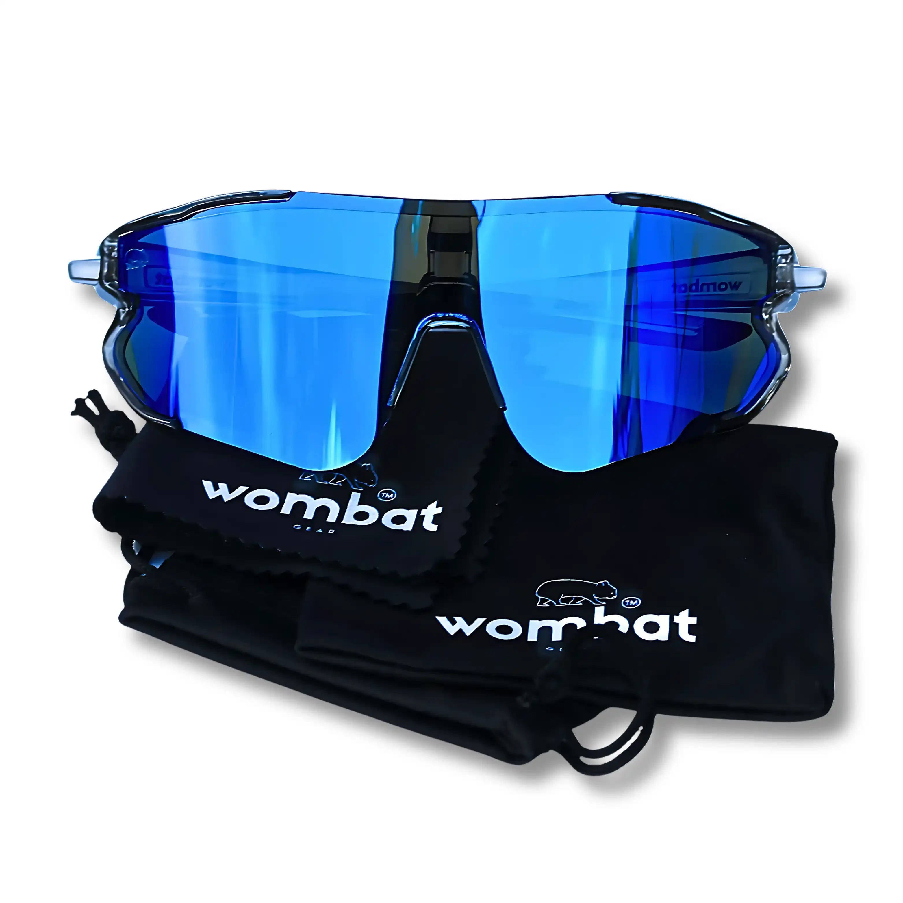 Blue sunglasses with a black pouch on a white background, featuring the 'wombat' brand.