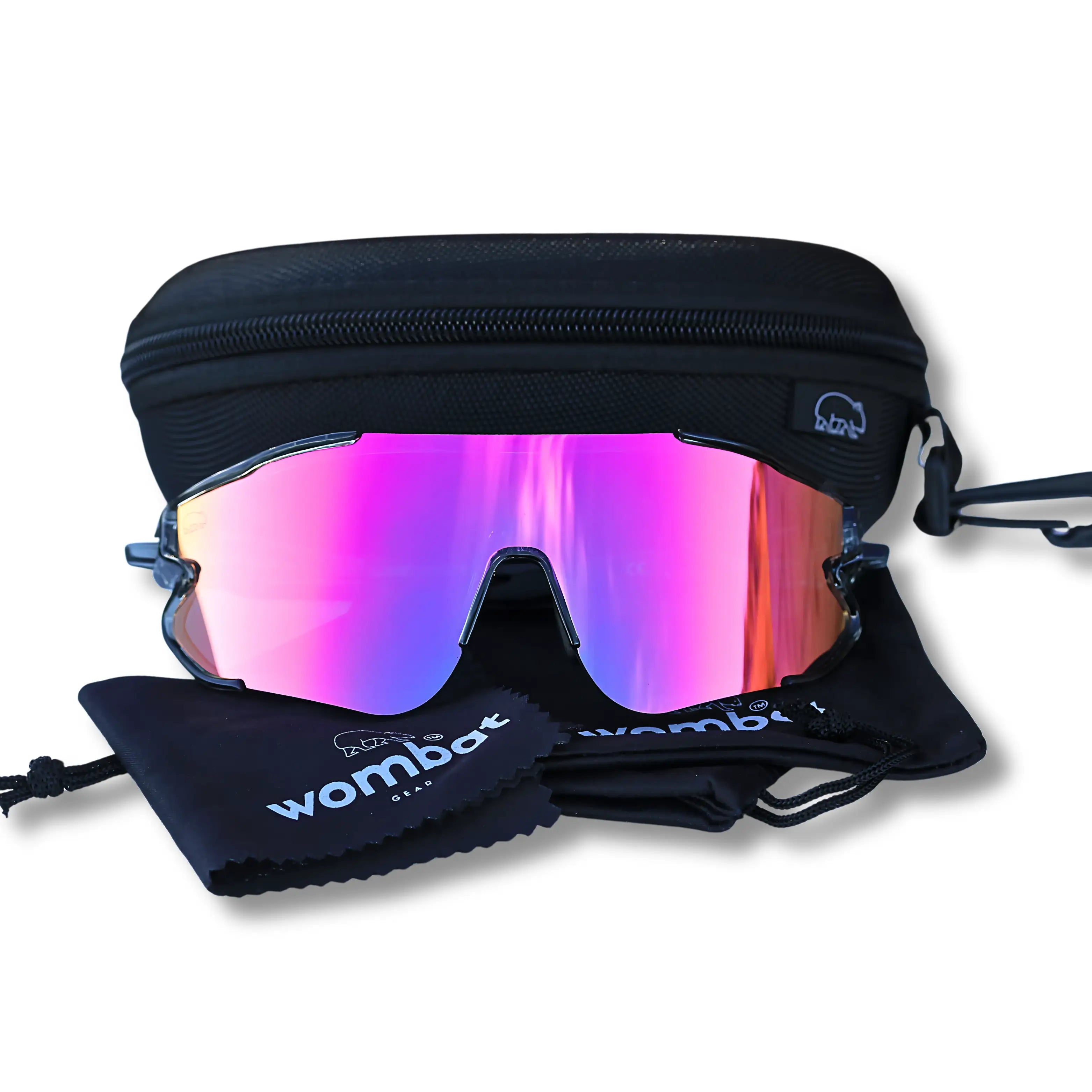 Sunglasses with pink reflective lenses and black carrying case on a white background