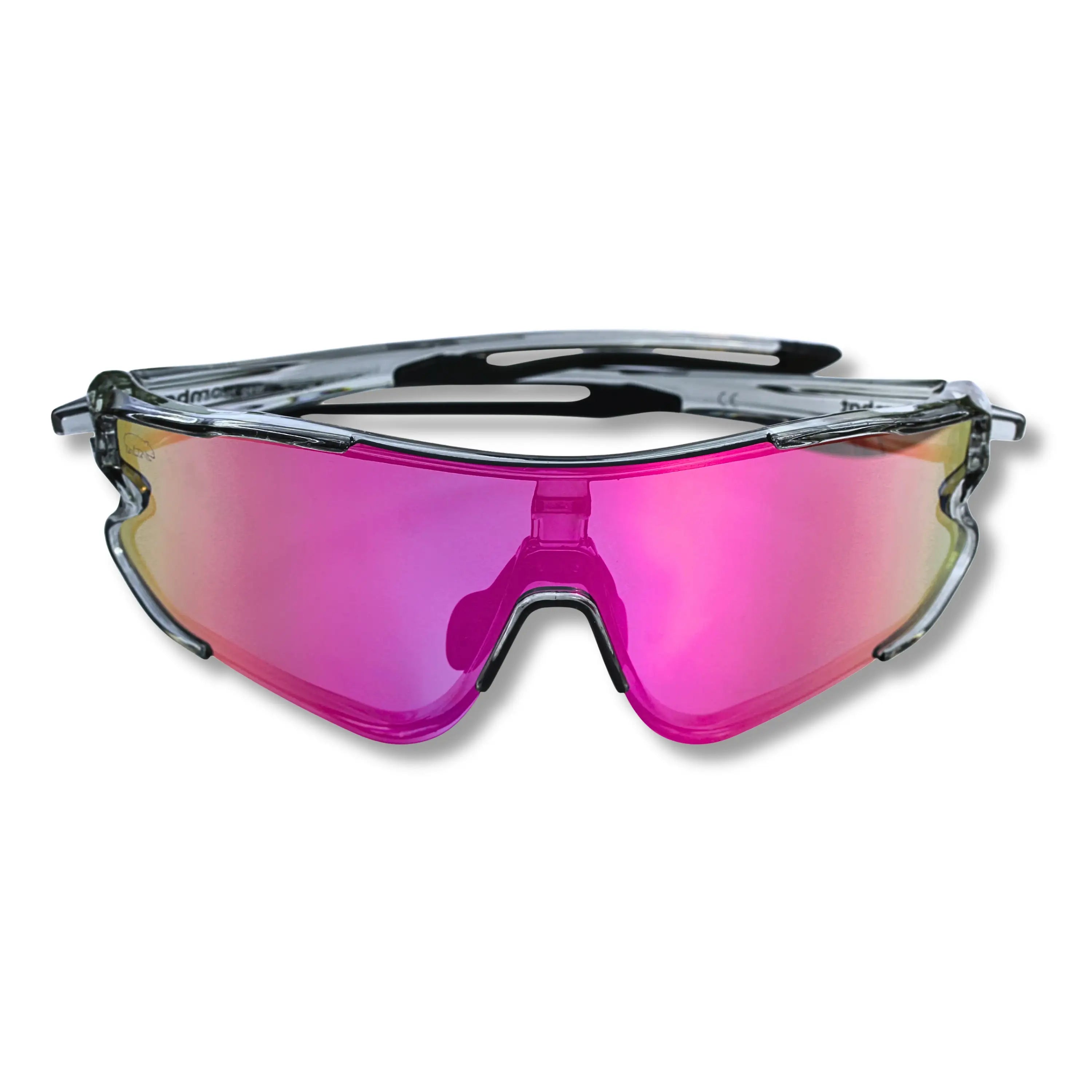 Sunglasses with pink lenses and silver frame on a white background