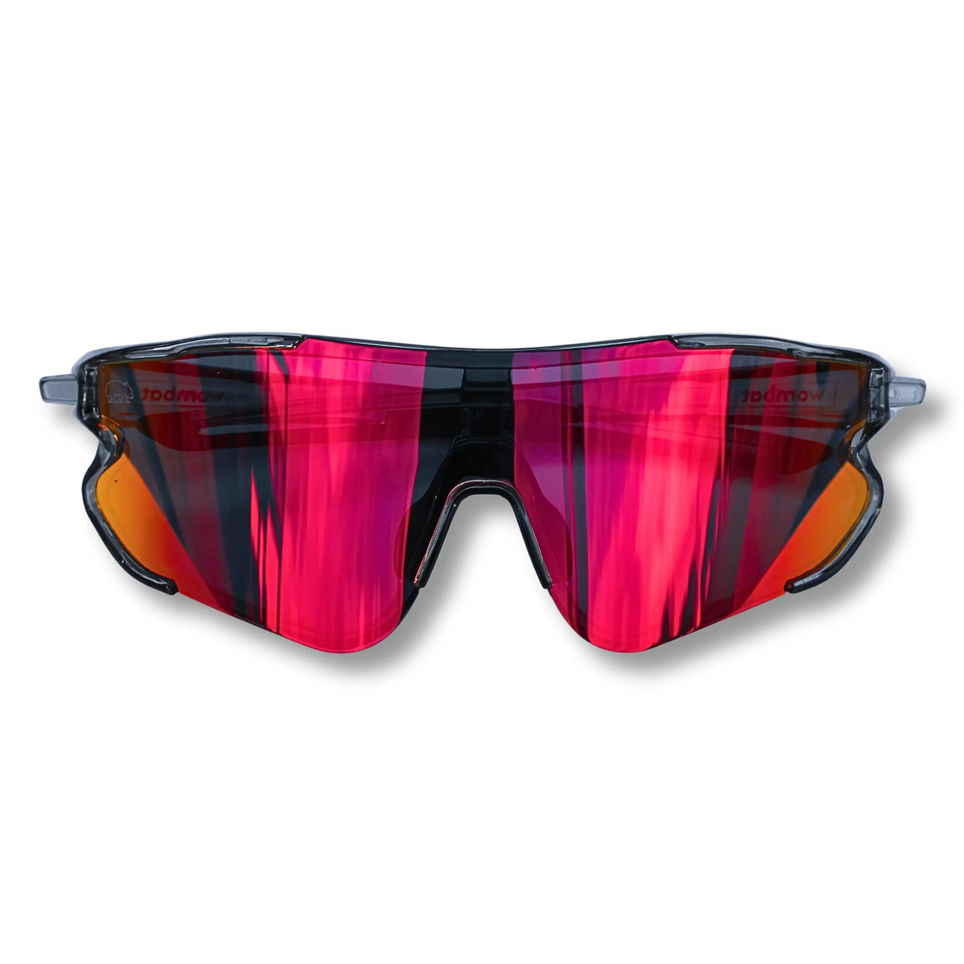 Sunglasses with red and black reflective lenses on a white background