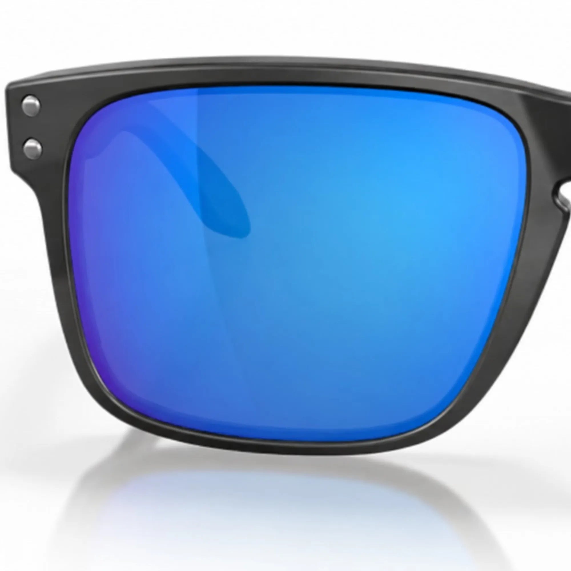 Oakley Sunglasses with blue reflective lenses and black frame on a white background