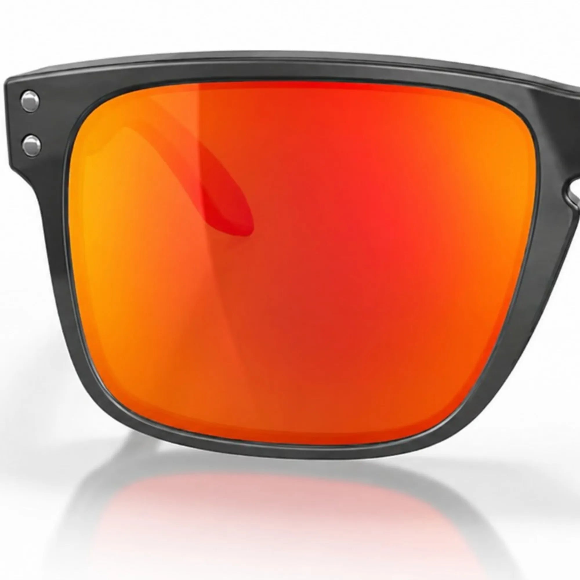 Oakley sunglasses with black frame and red-orange reflective lenses on a white background