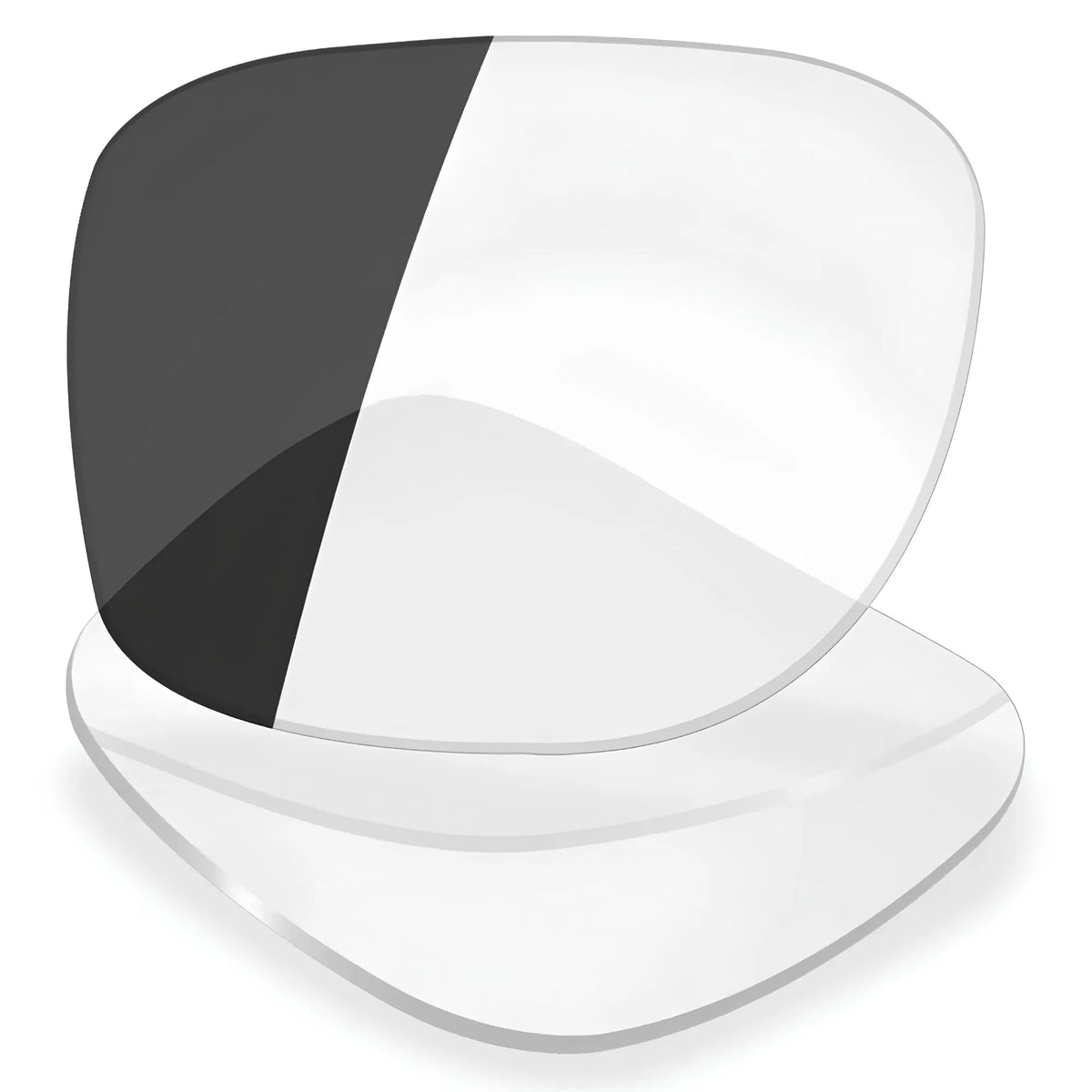 Photochromic clear-to-grey sunglasses lenses on a white background