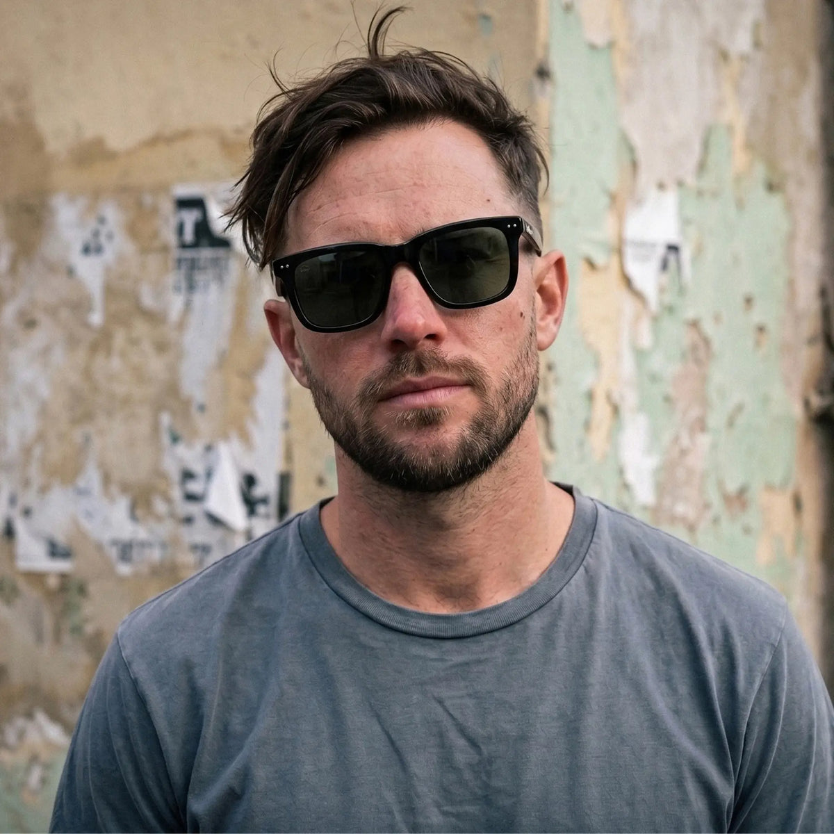 Man wearing Wombat Oslo satin black polarised sunglasses with grey-green lenses against a weathered wall