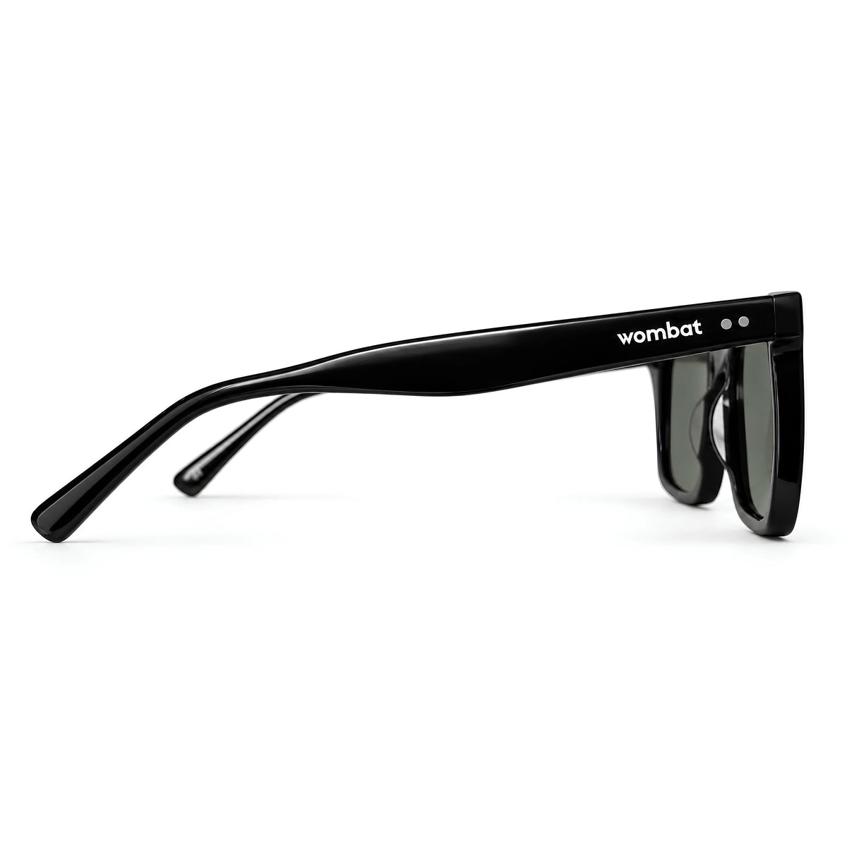 Wombat Oslo satin black temple detail showing wombat logo and silver rivets on Italian-sourced bio-acetate arm