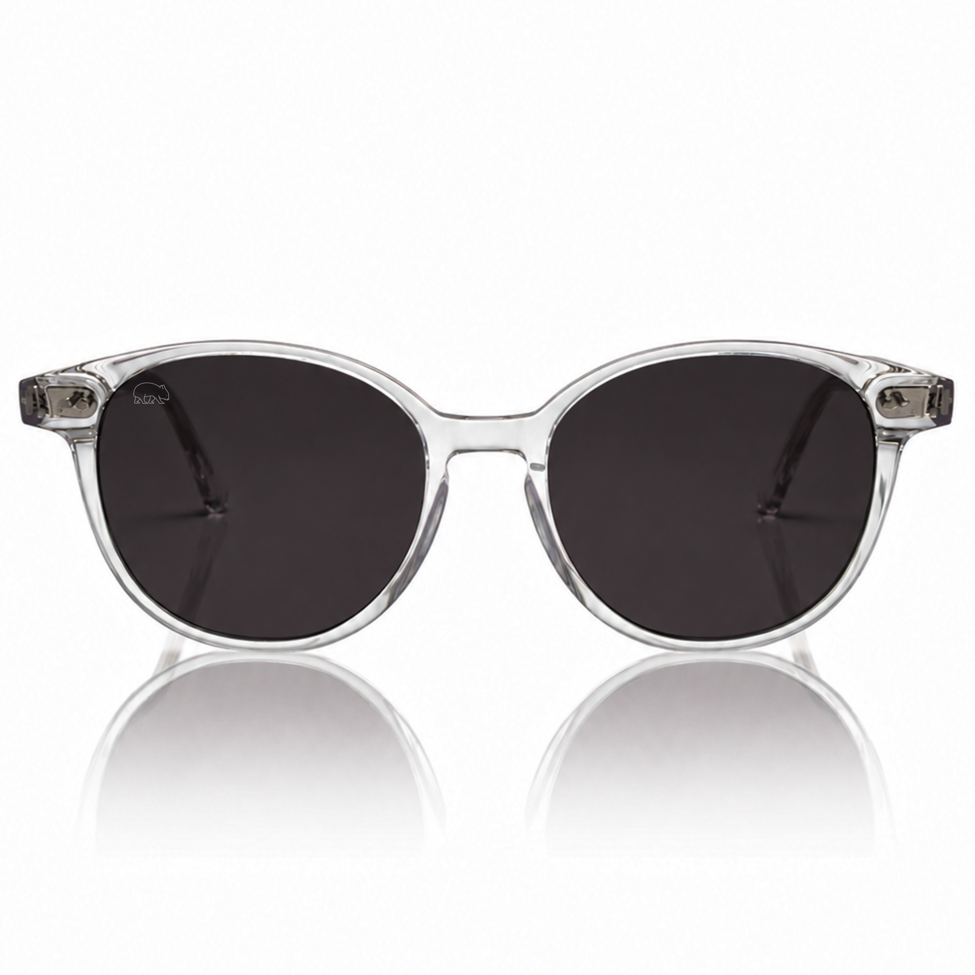 Sunglasses with clear frame and dark lenses on a white background